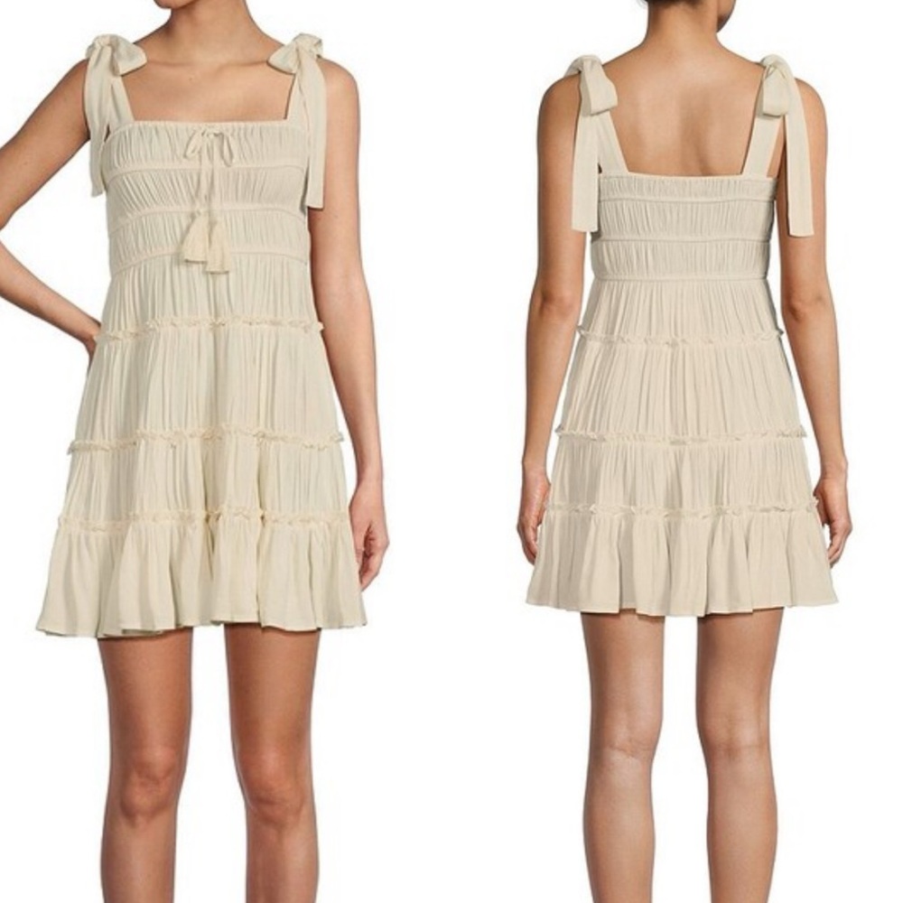 C&V Chelsea & Violet Ivory Tiered Tie Shoulder Mini Dress Boho Festival Size M